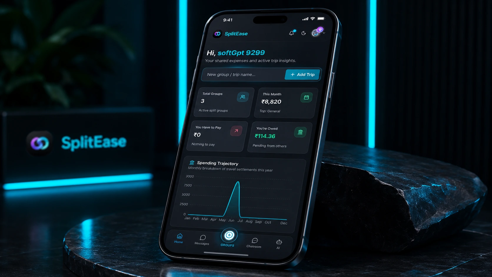 SplitEase running on an Android phone - groups, balances and chat